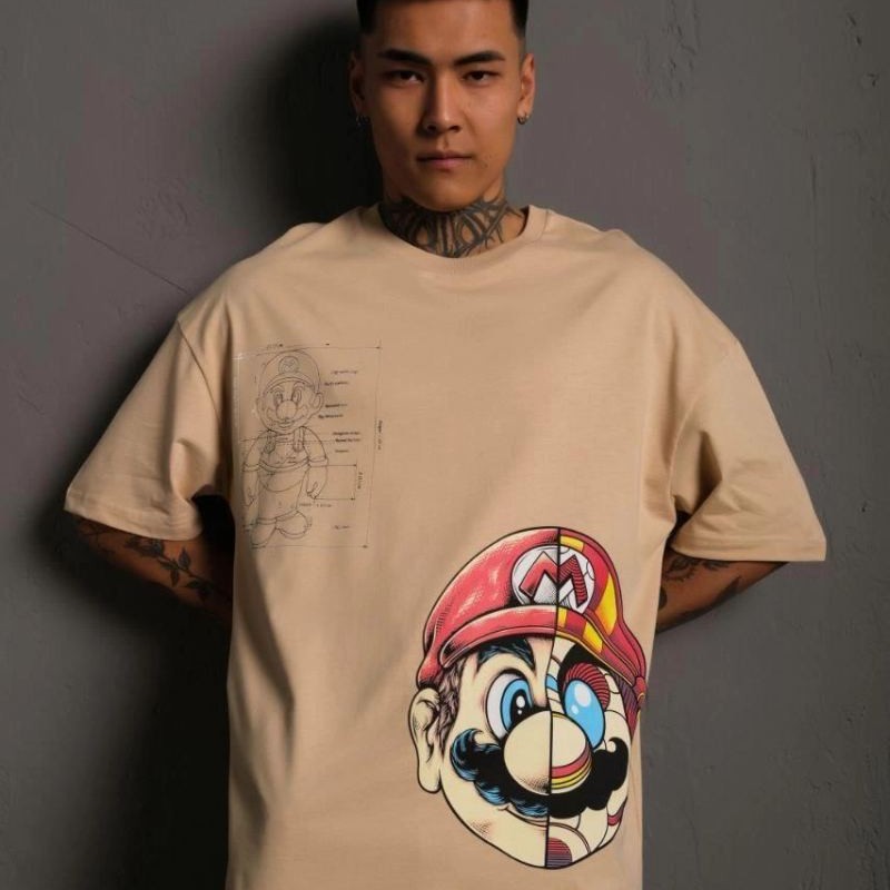 Erkek Mario Baskılı T-Shirt Oversize Kısa kol Bisiklet yaka tişort - Bej